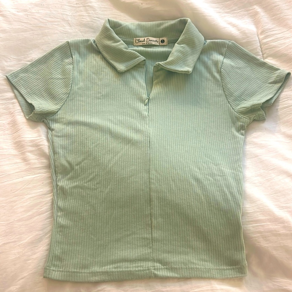 Light Green Ribbed Quarter Zip Top